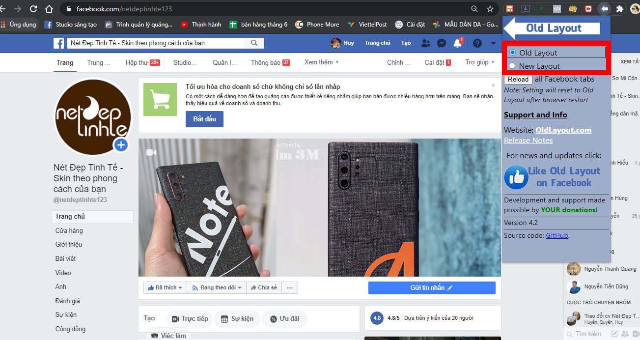 cài đặt tiện ích mở rộng Old Layout for Facebook