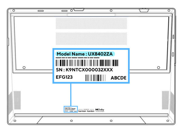 Vị trí kiểm tra tên model trên mặt đáy laptop Asus